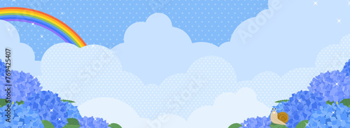 虹のかかった青空と満開のアジサイ＆かたつむり（バナー向け横長）