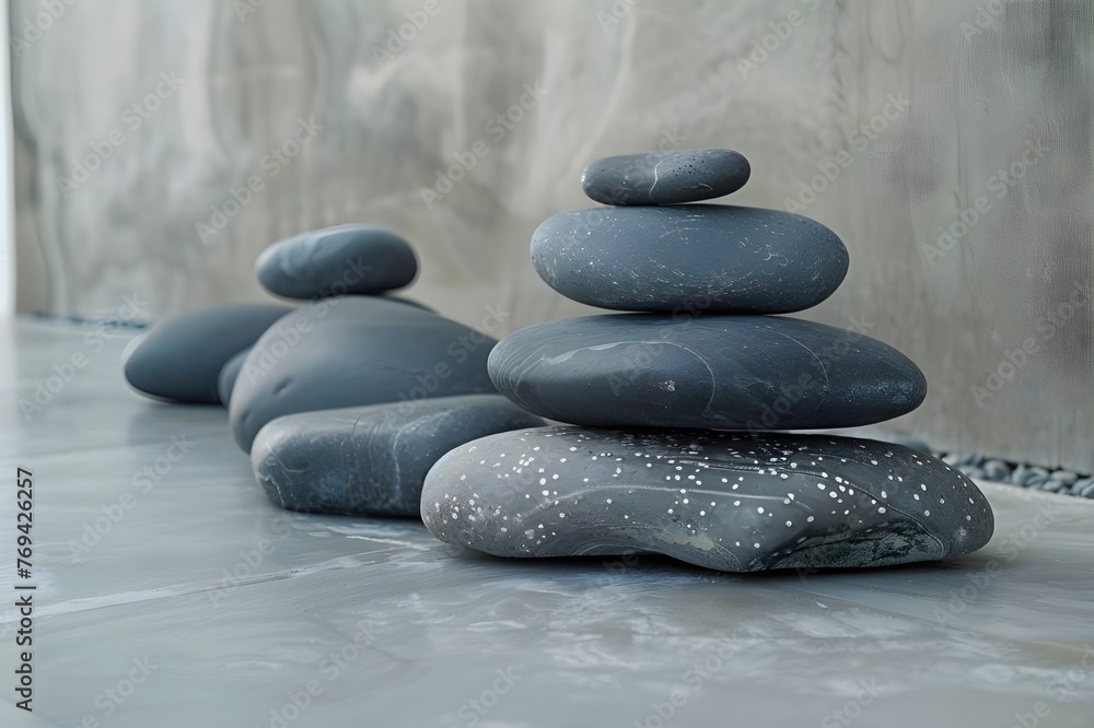 A pile of rocks by the shore.Steine am Strand.Three stone cairns on a
