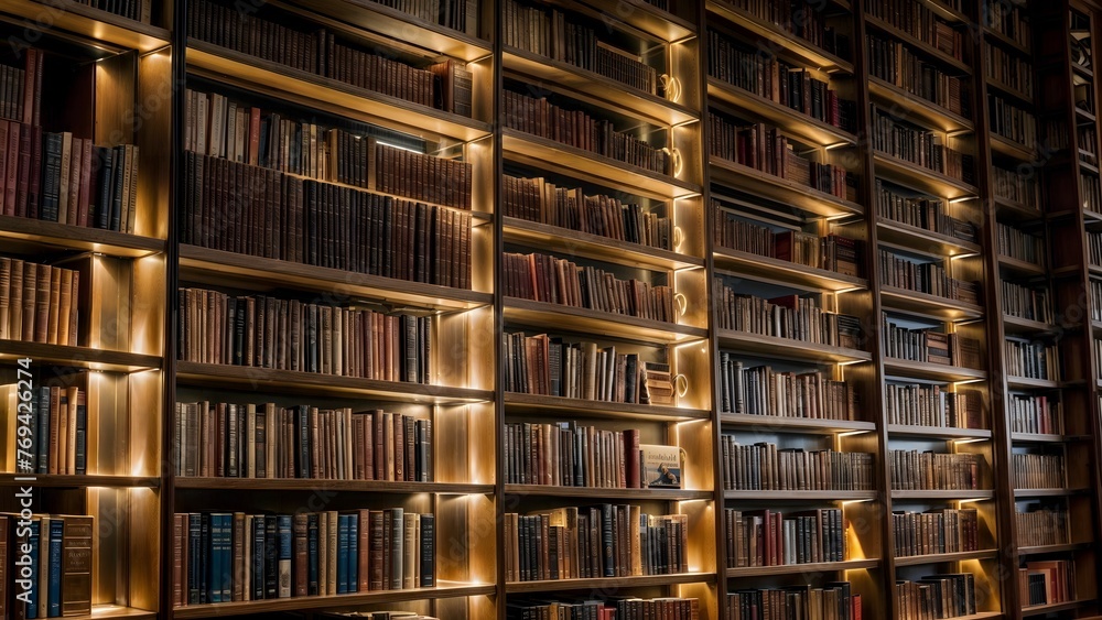 A library with shelves full of books, with warm, soft lighting from the corners of the shelves
A library with shelves full of books, with warm, soft lighting from the corners of the shelves