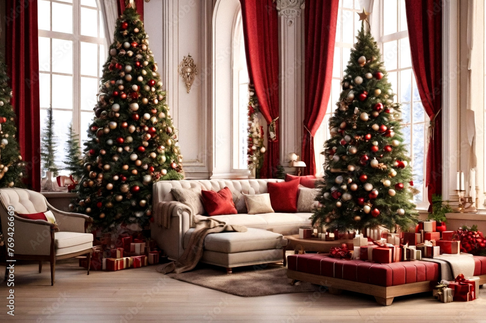 Christmas and new year decor background, stylish interior of living room with decorated Christmas tree at home. Copy space