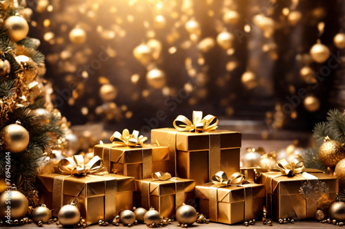 Christmas and new year decor background, gold gift boxes on floor near decorated christmas tree in living room at home. Copy space © Alex Vog