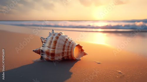Small conch shells on the beach, blurred beach and bokeh background
