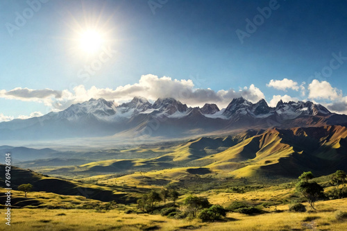 Landscape photo of nature mountains of Bolivia with greenery vegetation, sunny summer day. Scenic view of bolivian natural wilderness. Global ecology concept. Copy ad text space, nature backgrounds