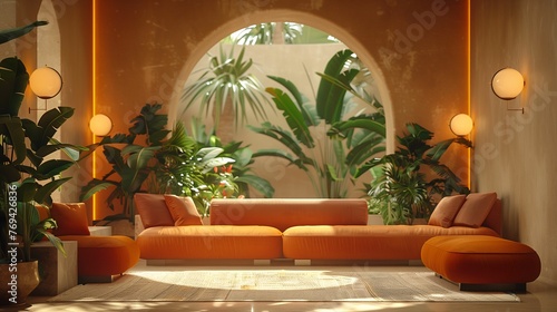 Modern Living Room with Orange Sofa and Tropical Plants