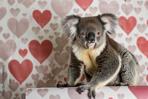 koala in photographers studio, paws on a heartpatterned backdrop