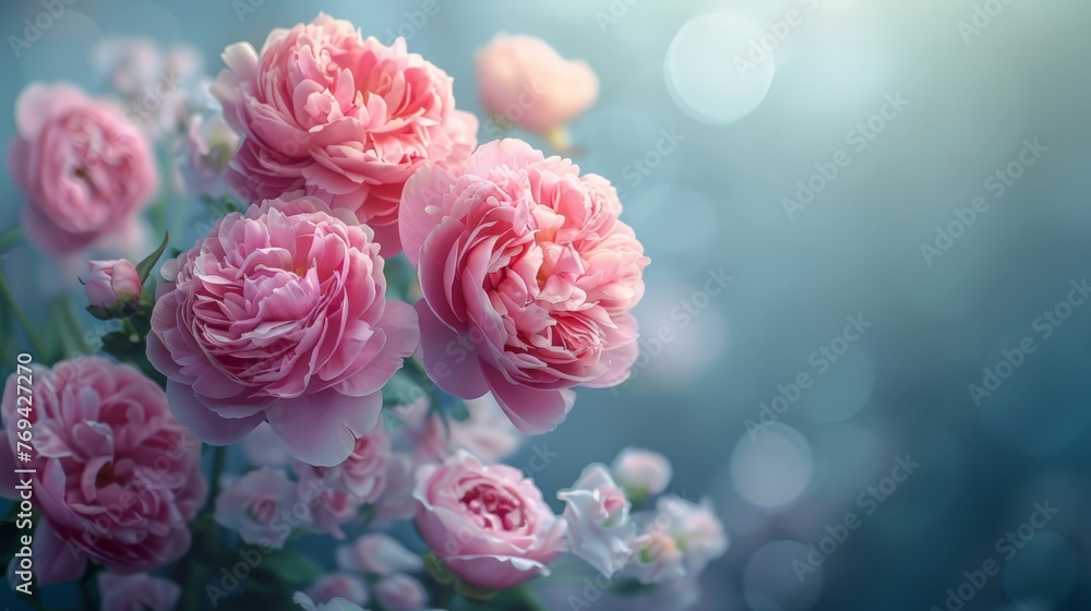 Lush Pink Peonies on Textured Blue Background Lush Pink Peonies on Textured Blue Background
