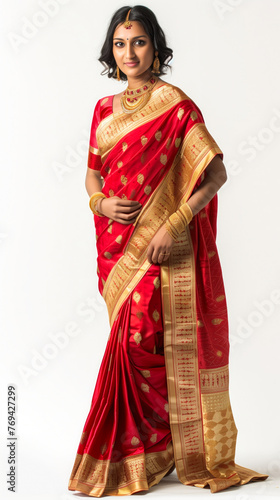 Young woman model wearing silk saree on white background