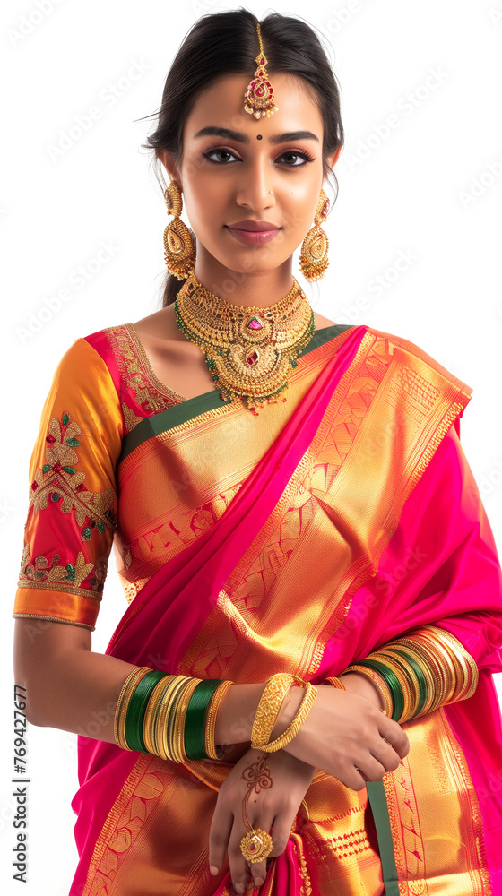 Young woman model wearing fancy saree on white background