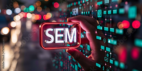 Concept of search engine marketing (SEM) through a digital interface, highlighting the power of online advertising strategies and data-driven campaigns to reach targeted audiences effectively photo