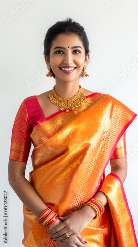 Young indian woman model wearing kanchipuram saree photo