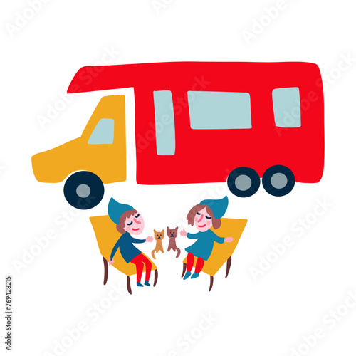 Camping caravan transportation vector float illustration, Travel car for outdoor summer active leisure isolated on white, RV camper with family and cats, motorhome, van, camp trailer, automobile
