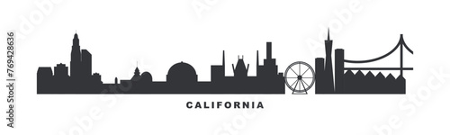USA California state skyline with cities panorama. Vector flat banner, logo for America region. Los Angeles, San Francisco, San Diego silhouette for footer, steamer, header. Isolated graphic