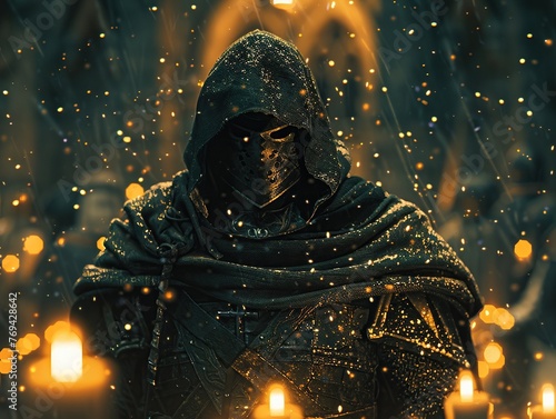 Medieval Knight, Velvet Cloak, Fierce warrior on a quest, Surrounded by flickering candles, Heavy rain outside, 3D Render