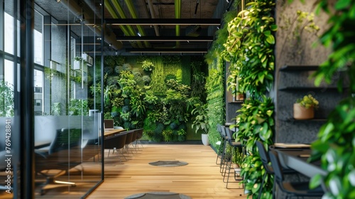 Eco-friendly corporate office space that seamlessly integrates natural elements and sustainable design principles The workspace features a lush vertical garden