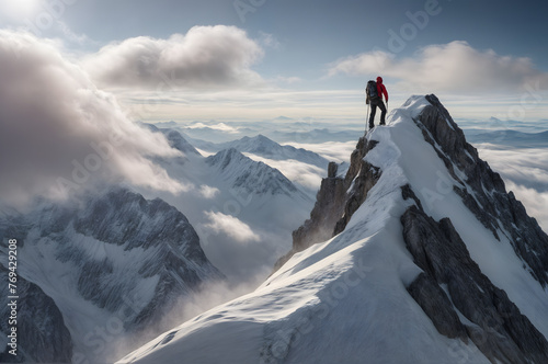 A mountain climber stands alone on the top of a high mountain covered in snow, close to the clouds 
