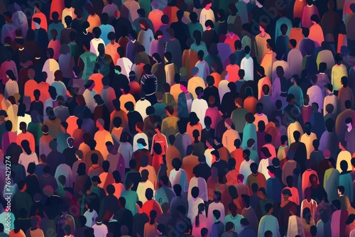 A large crowd of people, each person rendered in soft geometric shapes with multiple colors. The background is dark and the mood should be positive yet mysterious. The illustration uses a vector style photo