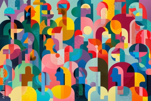 A crowd of diverse people in an abstract vector illustration with geometric shapes and soft gradients
