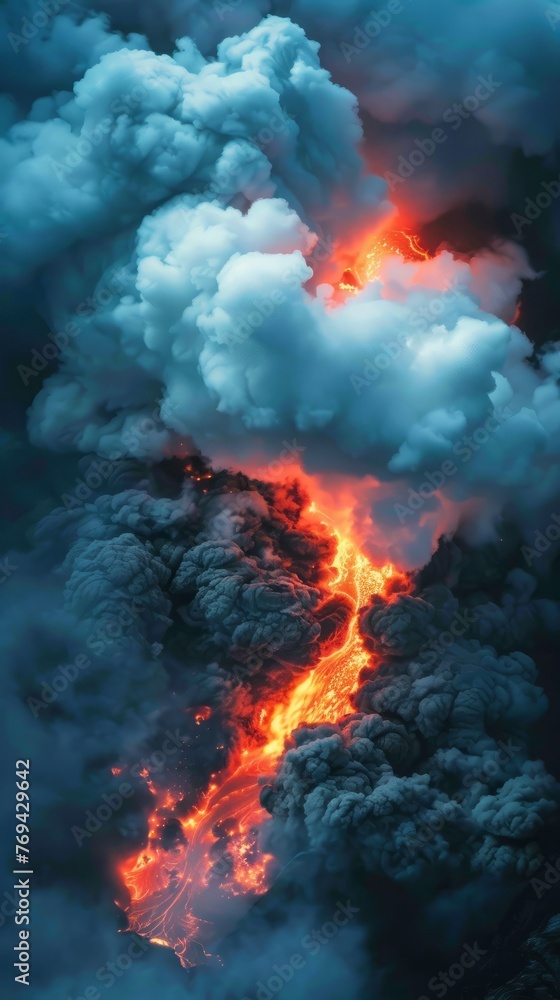 A view from above showing hot, flowing lava and billowing smoke during a volcanic eruption, background, wallpaper