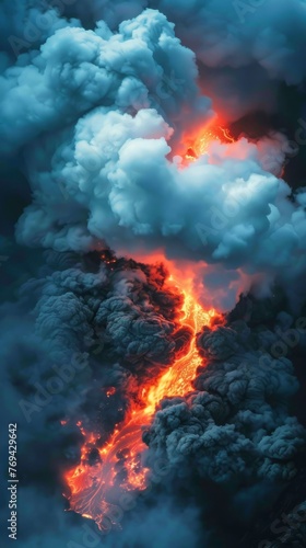 A view from above showing hot, flowing lava and billowing smoke during a volcanic eruption, background, wallpaper