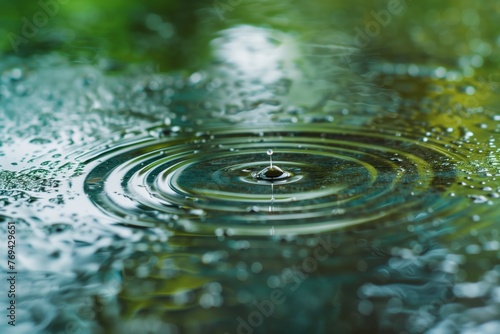 closeup of raindrop ripples in a serene puddle © primopiano