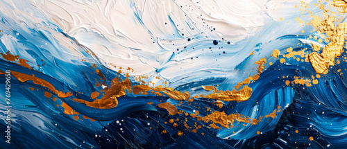 Expressive abstract texture featuring bold brush strokes of blue, white, and gold oil paint on canvas.