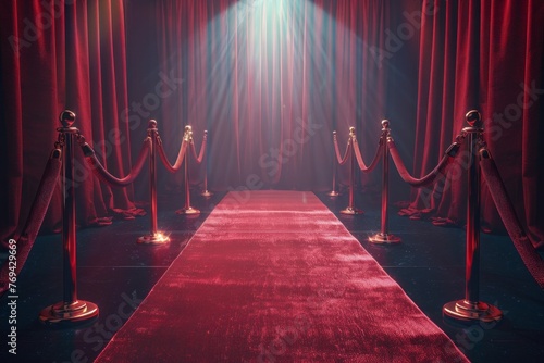 The red carpet and velvet stanchions led to an empty stage with spotlights shining down, embodying the glamorous atmosphere of movie premiere events. photo