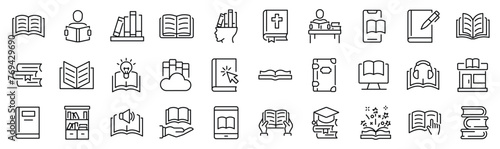 Set of 30 outline icons related to book. Linear icon collection. Editable stroke. Vector illustration