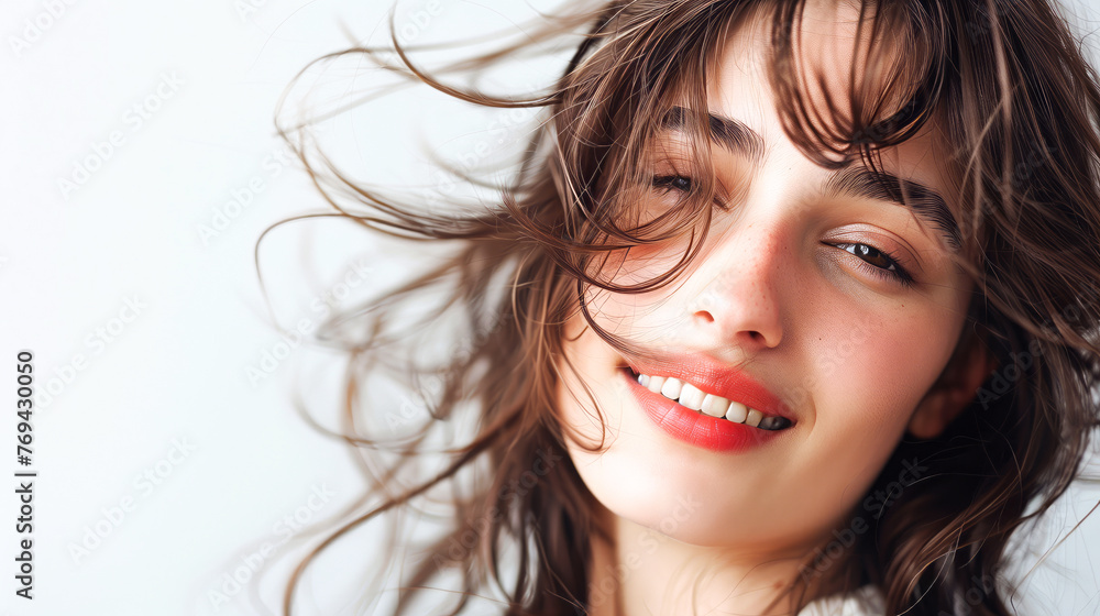 Woman hair style, Young woman with curtain bangs hairstyle on white background Woman hair style, Young woman with curtain bangs hairstyle on white background