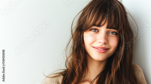 Woman hair style, Young woman with curtain bangs hairstyle on white background photo