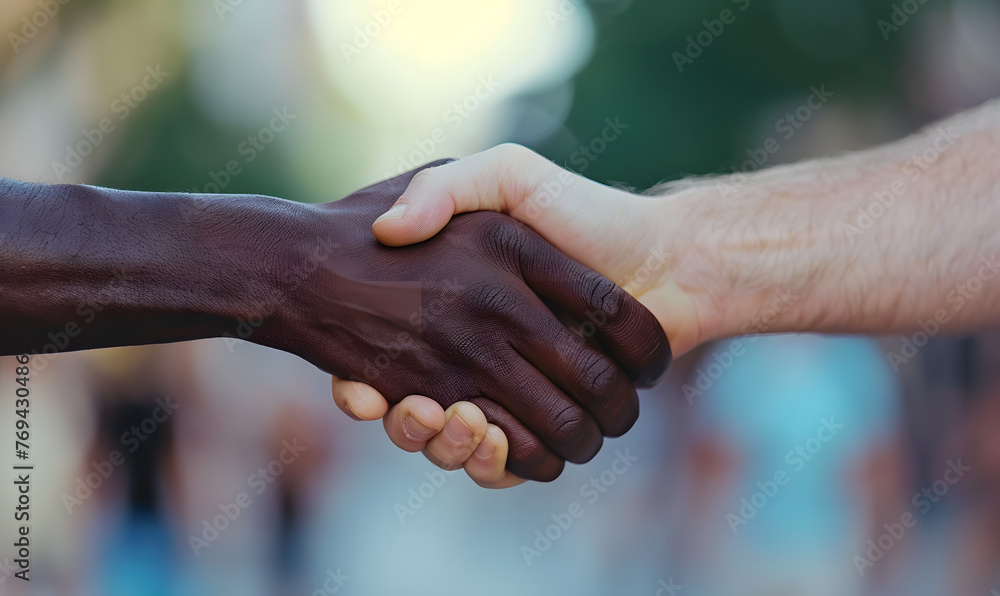 close up hands of African man and white man hand shaking, Generative AI close up hands of African man and white man hand shaking, Generative AI