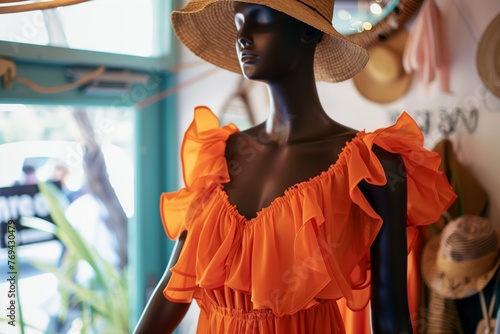 mannequin in a tangerine ruffled summer dress, in a boutique setup photo