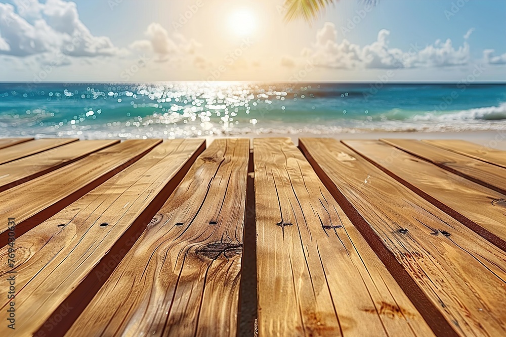 Empty Wooden Planks With Blur Beach And Sea - obrazy, fototapety, plakaty 