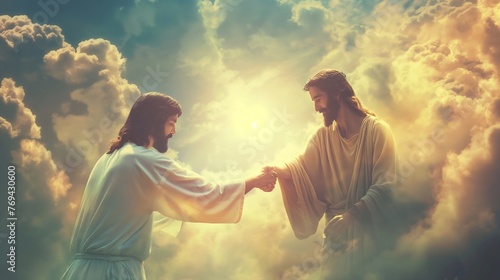 Jesus Christ holds hands with outstretched white arms. He reached down to find another person who was raising his hand to the sky. The background is a beautiful sky with clouds.ai generated.