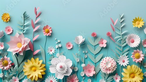 Framework for photo or congratulation with paper blossom and flowers. Woman's day, 8 march, Easter, Mother's day, anniversary greeting card