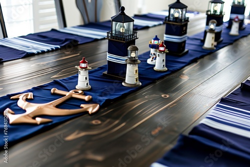 dark wood table with anchor motif, navy blue table runners, and mini lighthouses