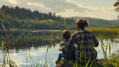 A mother and son bonding over a fishing trip, their faces reflecting patience and excitement, as they wait for the perfect catch, amidst the tranquil beauty of a secluded lake.