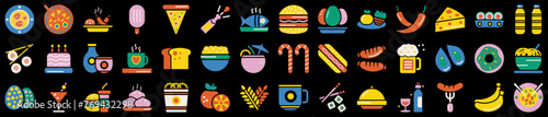 Set of 42 abstract geometric icons related to food and drinks. Swiss design aesthetics. Brutal modern contemporary figure. Collection line icon. Retro style 80s. Vector illustration