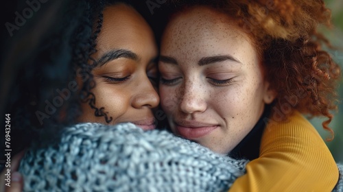 A woman comforting her best friend with a warm hug, their faces displaying empathy and solidarity.