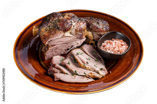 BBQ Roast Lamb mutton leg sliced on a rustic plate.  Isolated, Transparent background. © Vladimir