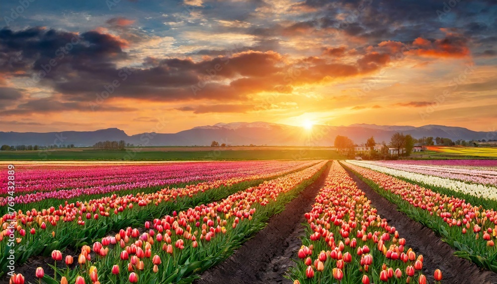 Sunset over the blooming tulip field