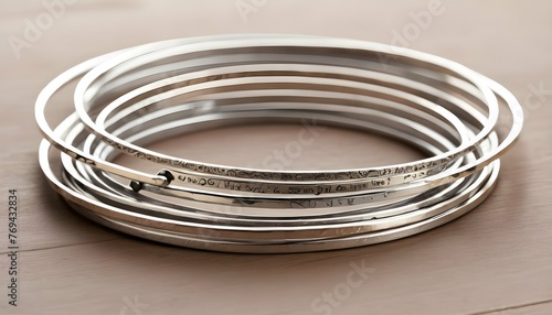 A Stack Of Slim Silver Bangles Engraved With Celes