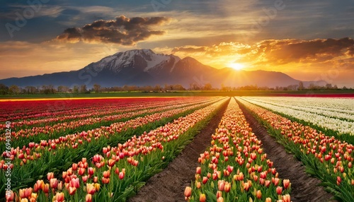 Sunset over the blooming tulip field
