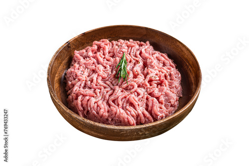 Chicken or turkey mince meat, raw Poultry in a wooden plate.  Isolated, Transparent background.