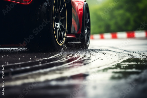 Close-up of a Performance Car's Wheels on a Wet Track, Dynamic Driving Experience, Racing Precision and Speed Concept