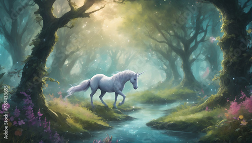 Whimsical illustrations of magical creatures like unicorns, dragons, and fairies frolicking in enchanted forests ULTRA HD 8K
