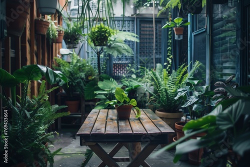 cafe table surrounded by lush potted ferns and pothos