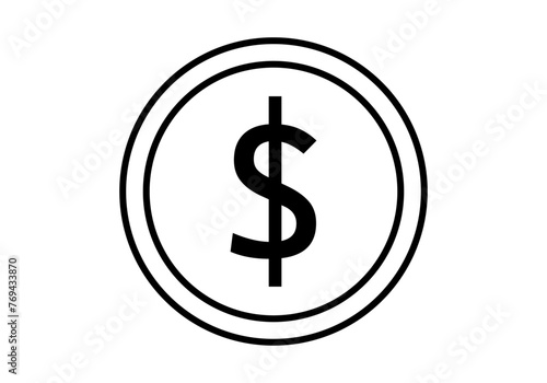 Icono negro de moneda de dólar en fondo blanco.