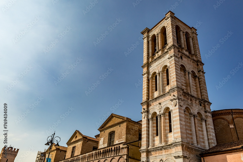 Church tower lit by sun light, Comacchio, Country Italy, Region Emilia-Romagna, Province Ferrara (FE) Church tower lit by sun light, Comacchio, Country Italy, Region Emilia-Romagna, Province Ferrara (FE)