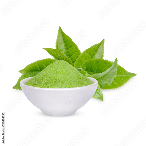 Green tea powder in a white cup with leaves isolated on transparent background. (.PNG)
