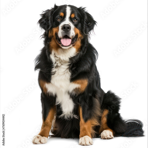 color Bernese Mountain Dog sitting, looking at camera and panting on transparency background PNG  © Sim
